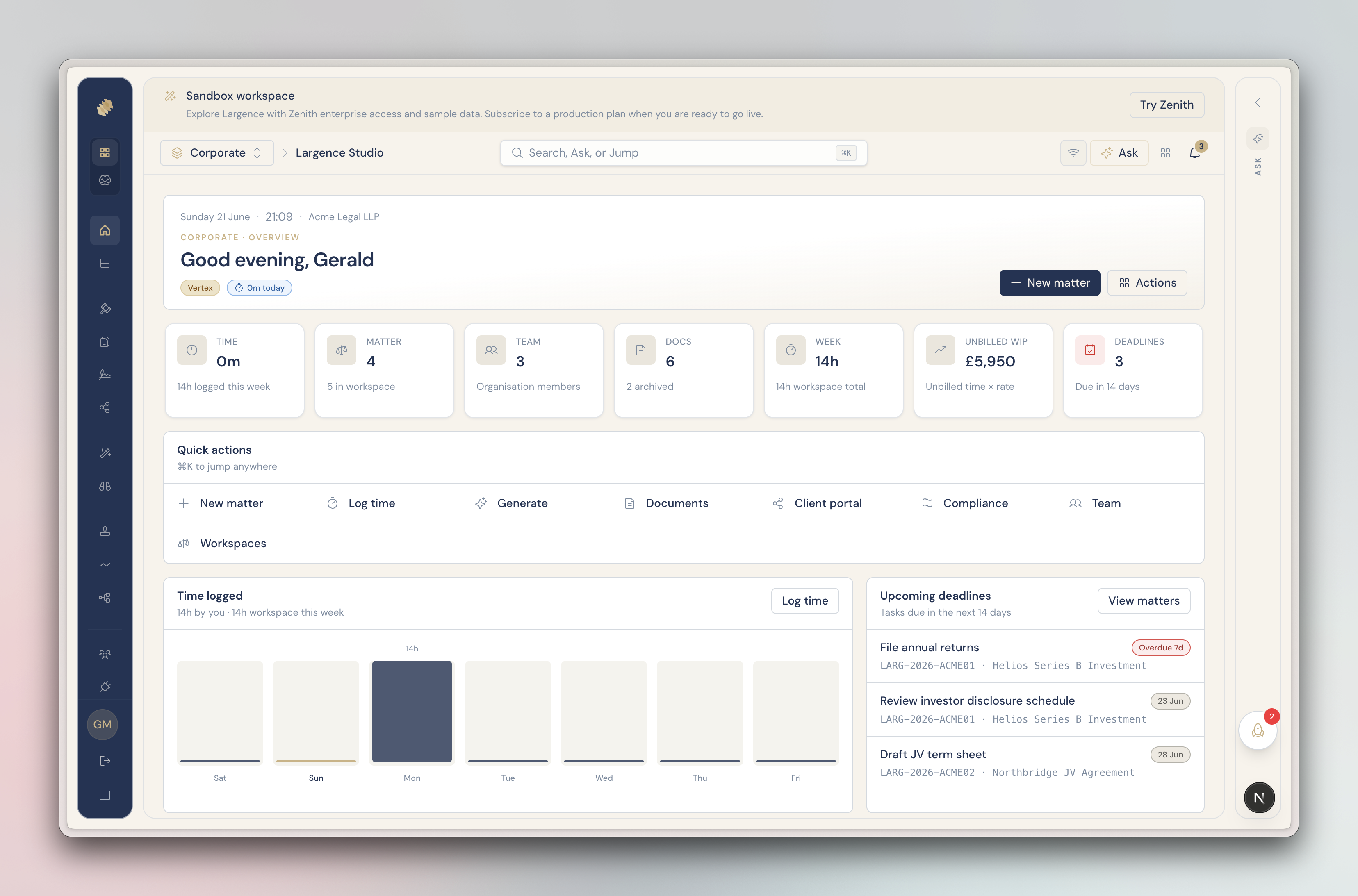 Largence in action: drafting, matters, and AI assistance in one workspace