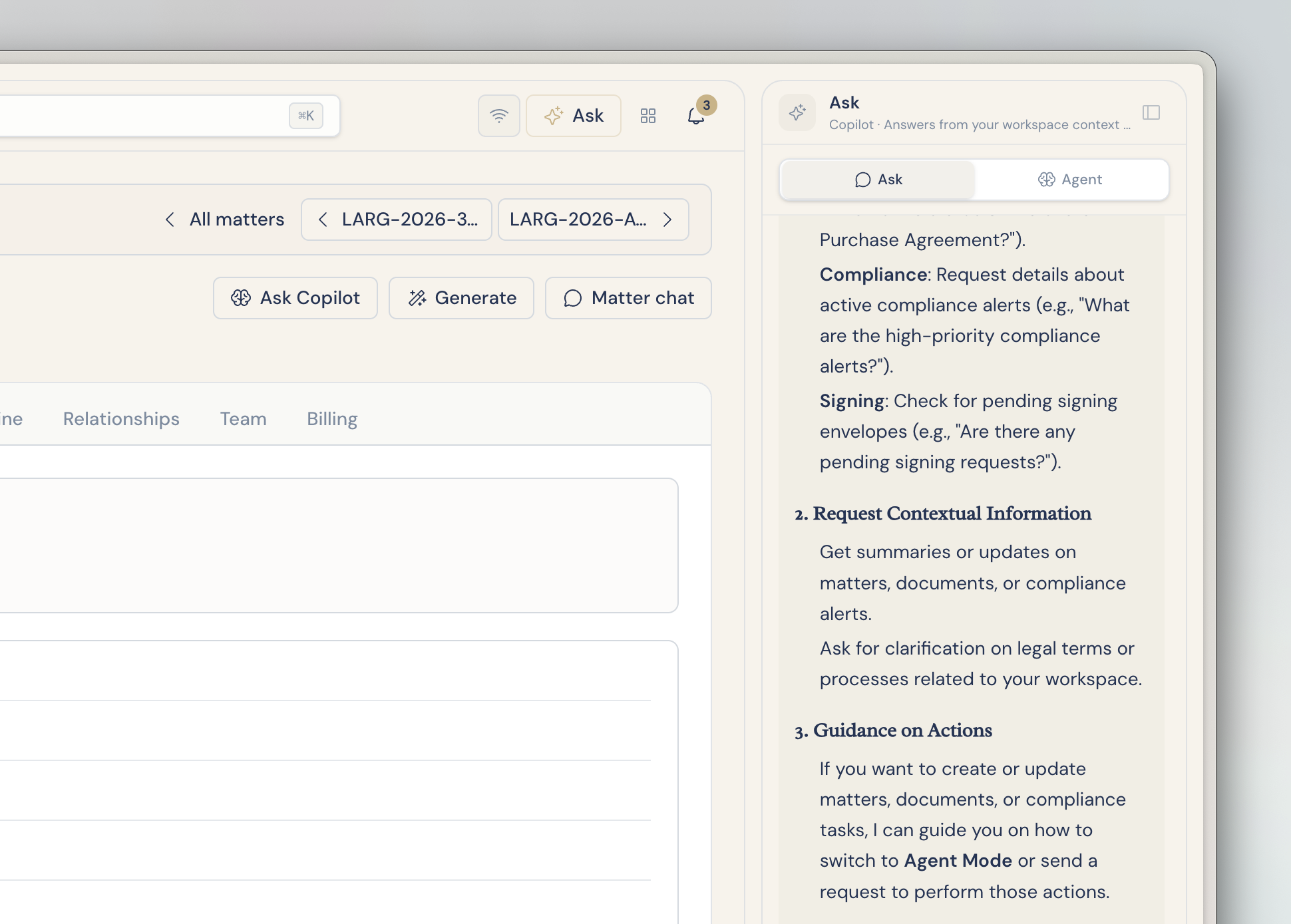 A Largence legal agent drafting and routing work