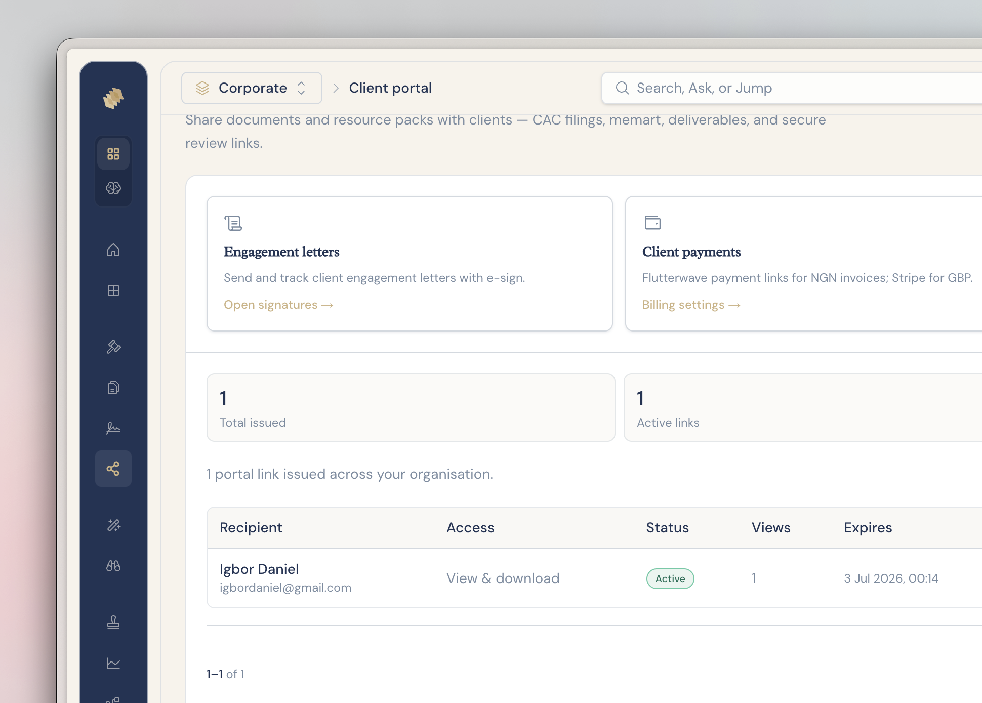 The Largence client portal with shared documents and e-signing