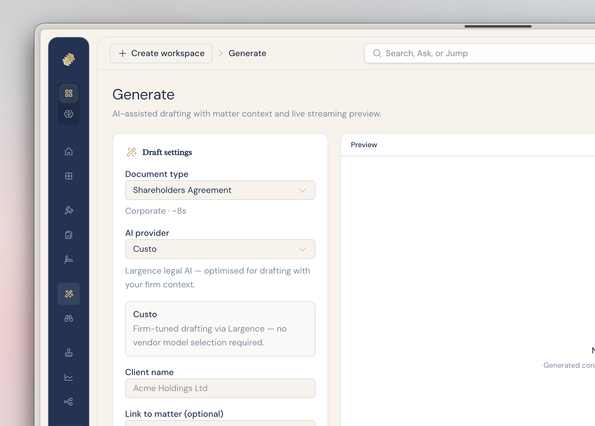 Drafting a document with live statute citations in Largence