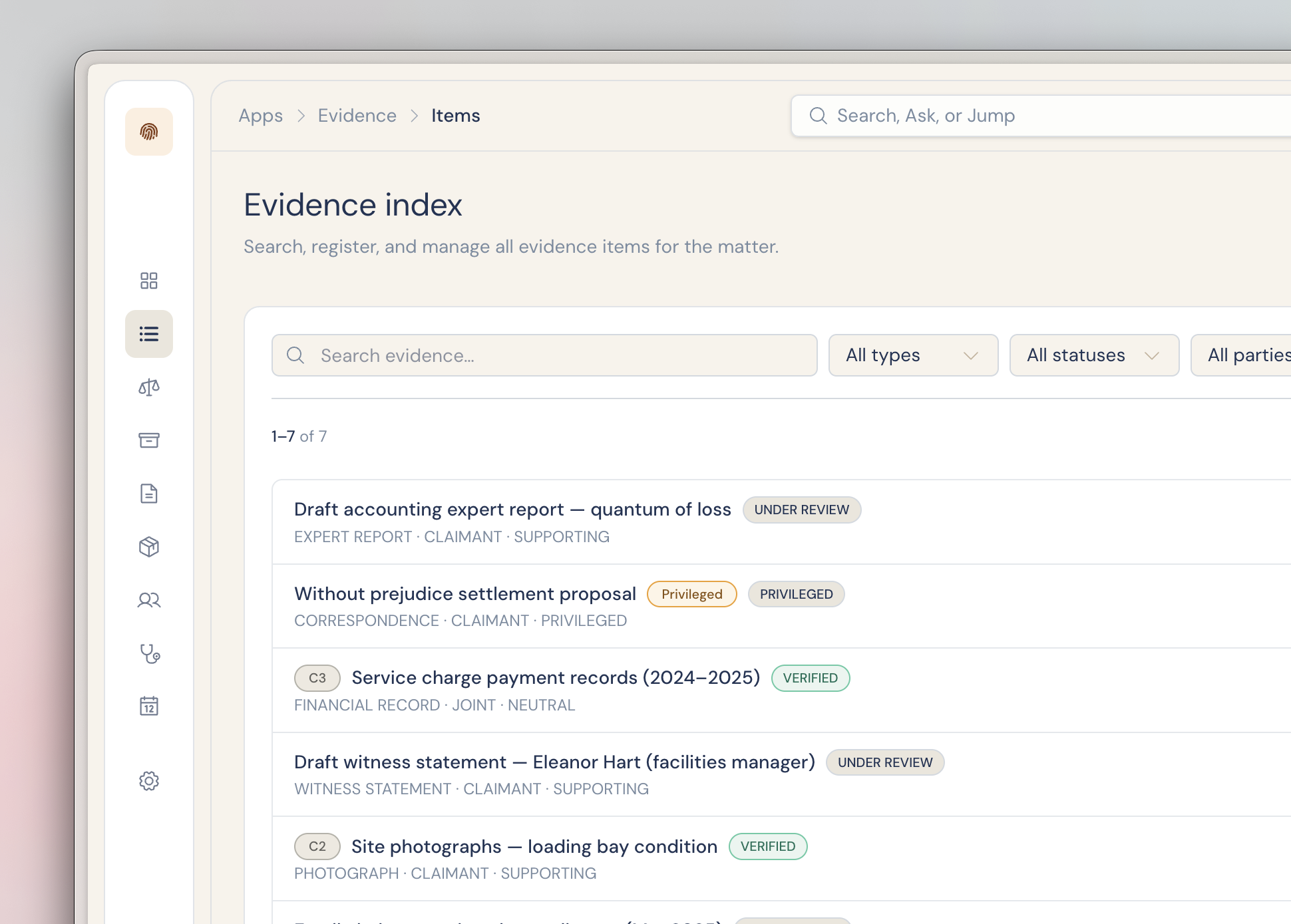 Largence Evidence workspace with exhibits, custody, and trial bundles