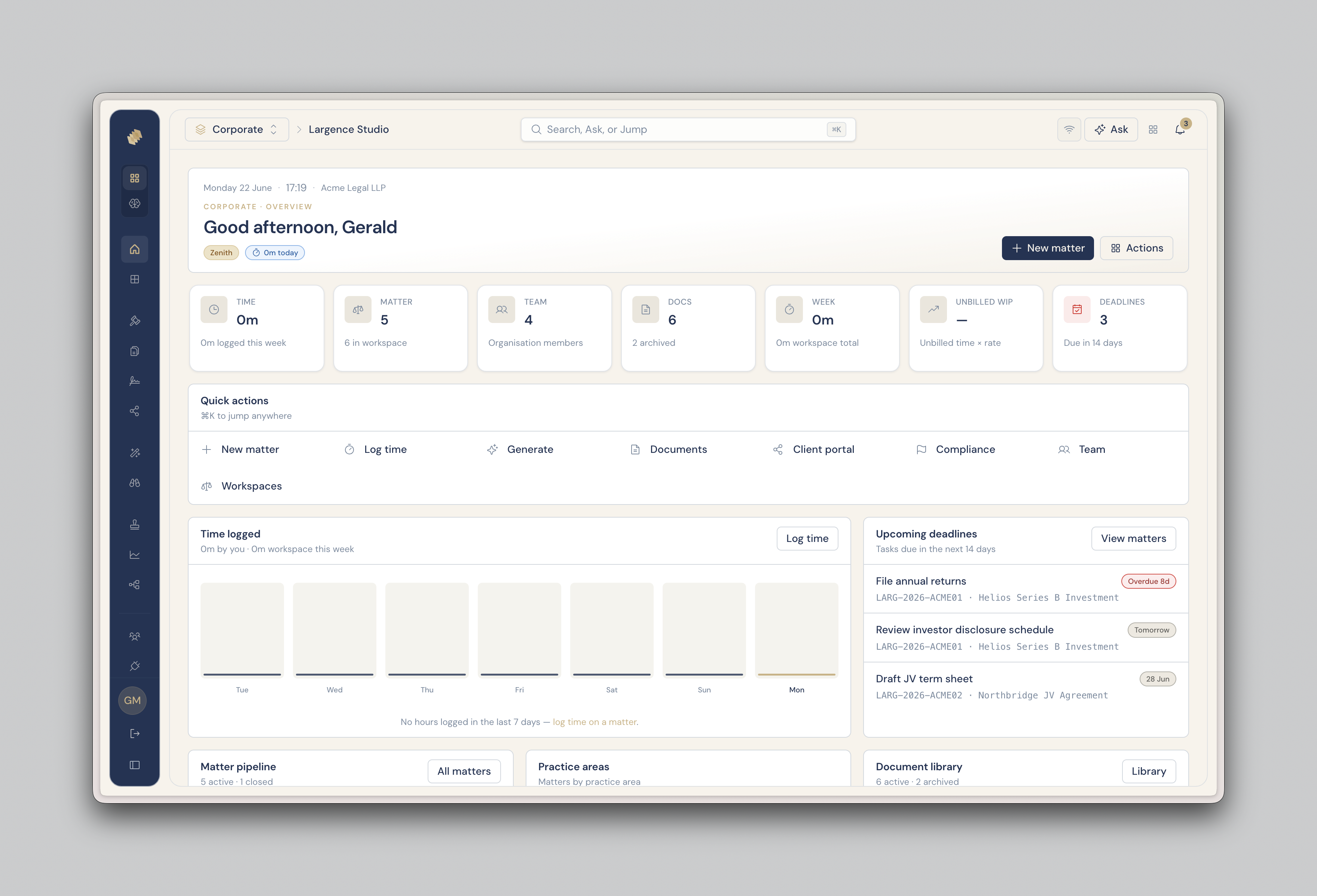 Largence Studio workspace across matters, documents, and daily practice operations
